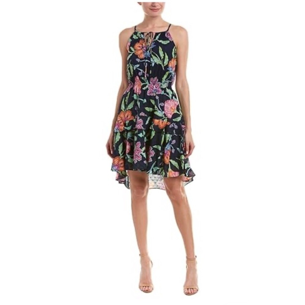 Taylor Navy Spaghetti Strap Tiered Floral Dress S 4 Hi Lo Burnout Texture Cotton